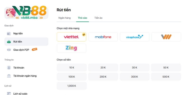 Rút tiền qua thẻ cào